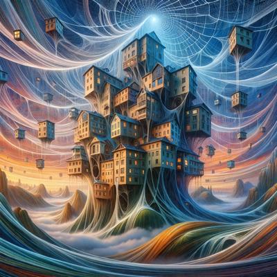 The primary subject of the image is a large, intricate, and colorful cityscape. The setting is a cloudy sky, and the visual style is a digital art or illustration. The colors and mood of the image are vibrant and lively, with a sense of wonder and creativity.